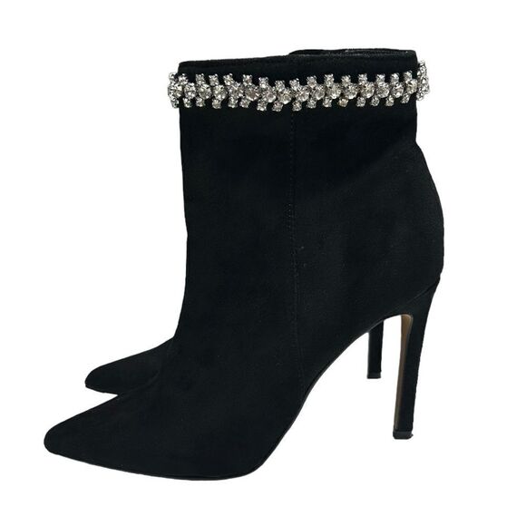 Express Black Faux Suede Ankle Booties Heeled Boots Gemstone Top Pointed Toe - Picture 1 of 9